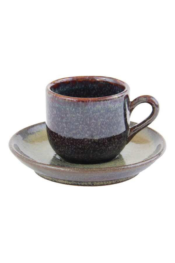 glaze ceramic aardewerk espresso kop en schotel oker