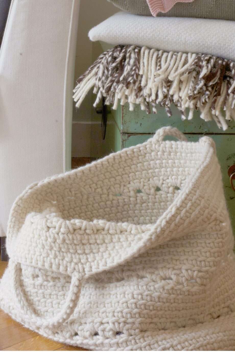basic ecru crochet woolen basket