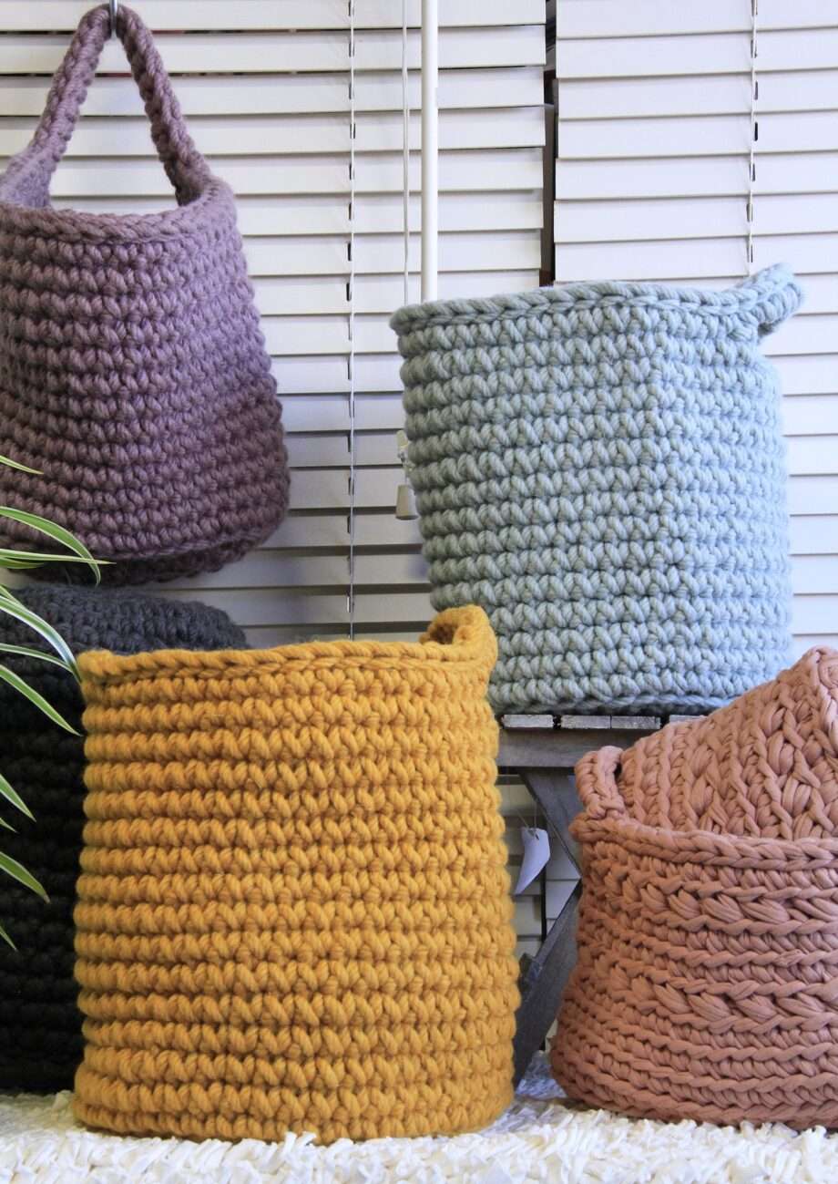 nordic ochre yellow crochet woolen basket